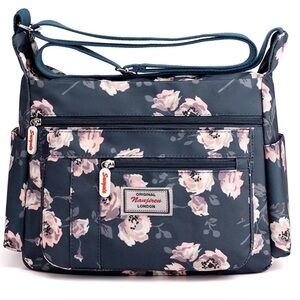 Floral Crossbody Bag Navy With Pink Florals Multi Zippered Pockets